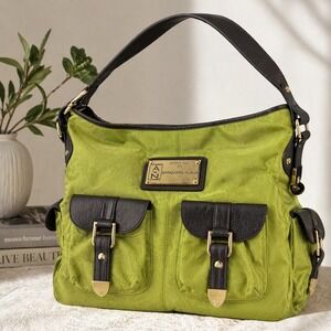 Patrick Lee Anteprima Nueve Green Canvas Leather Trim Tote Floral Lined Shoulder